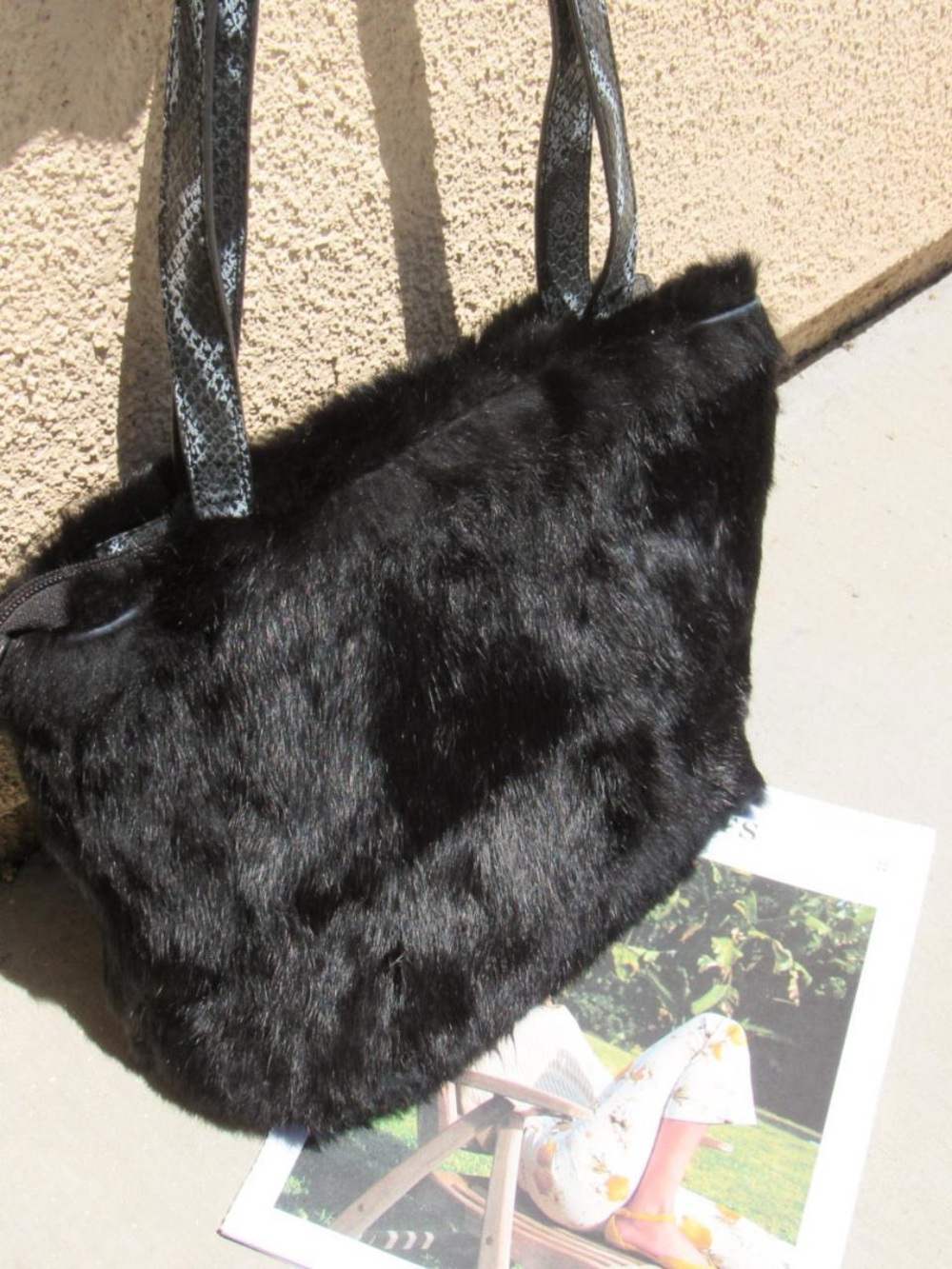 Vintage Cute little Black Genuine Fur Handbag sleek Snake Print Accents,as is
